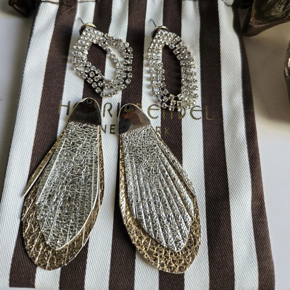 Henri Bendel Lenox Feather Leather Rhinestone Earrings - Picture 6 of 6